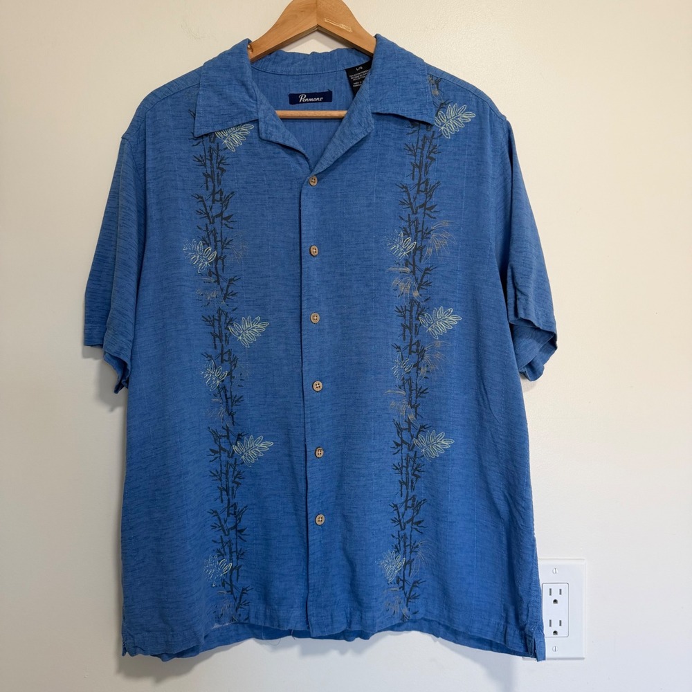 Penmans Bamboo Print Short Sleeve Button Up Mens Large Blue Tropical Shirt